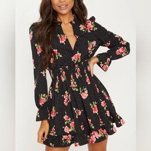 Pretty Little Thing, Feminine Chic: Black Polka Dot and Red Roses Mini Dress